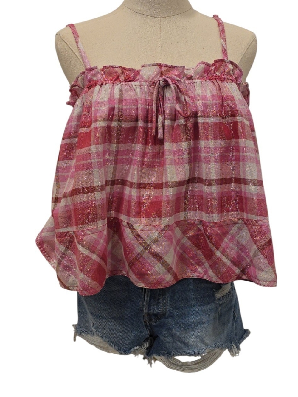 Pilcro Pink Plaid Ruffle Tie-Front Camisole